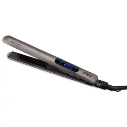 Ufesa electric hair straightener with a digital blue temperature display showing temperature.