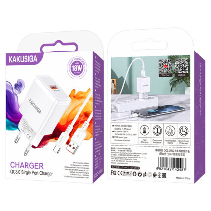 CHARGEUR KAKUSIGA 18W KSC-1259 AVEC CABLE TYPE-C BLANC