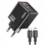 CHARGEUR KAKUSIGA KSC-1240 PD20W+QC3.0 AVEC CALBE IPHONE NOIR