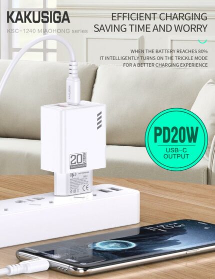 CHARGEUR KAKUSIGA KSC-1240 PD20W+QC3.0 AVEC CALBE TYPE-C BLANC