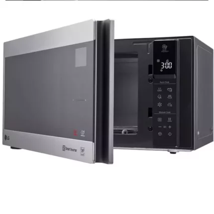 LG countertop microwave oven with door open, showing digital control panel and interior cavity