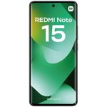 Front view of Redmi Note 15 smartphone displaying green abstract wallpaper.