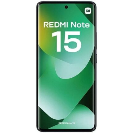 Front view of Redmi Note 15 smartphone displaying green abstract wallpaper.