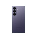Back view of a purple Samsung smartphone with a vertical triple-camera array and small flash on the back surface.