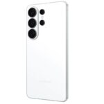 White Samsung smartphone seen from rear at slight angle, showing a triple camera module in the top-left corner.