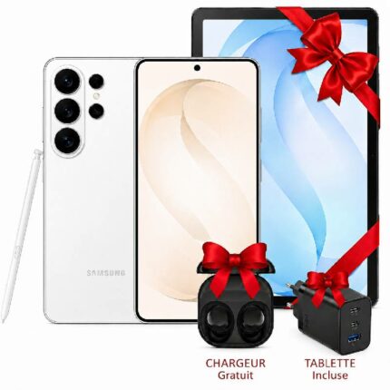 Gift bundle of Samsung phone, tablet, wireless earbuds, and charger with red bows; promotion label visible.