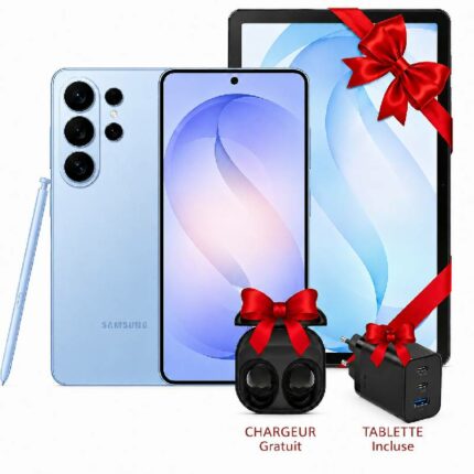 Promo image showing a Samsung smartphone with blue back, a tablet with red ribbon, a charging case with earbuds, and a stylus; labels read 'Chargeur Gratuit' and 'Tablette Incluse', indicating free charger and included tablet.