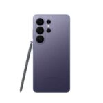 Purple smartphone with a stylus (S Pen) placed beside it, rear camera module visible with multiple lenses.