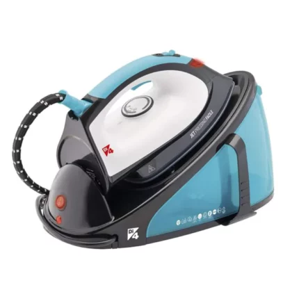 Blue and black steam iron with a large metal soleplate and attached power cord on a white background