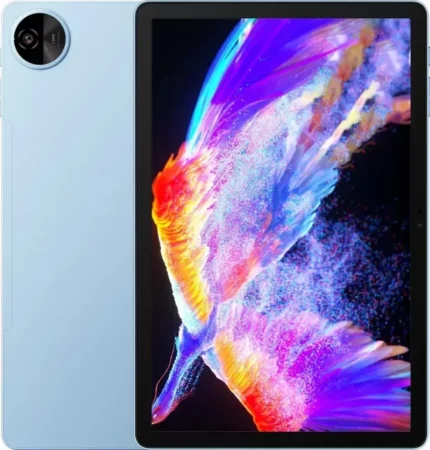 Blue tablet shown from the side and back, with a vibrant abstract wallpaper on the display screen.