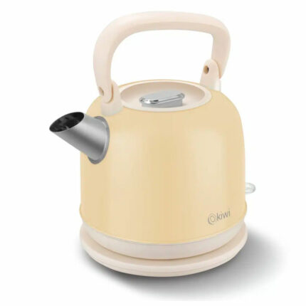 Cream-colored electric kettle with a curved handle and silver spout on a round base, brand Kiwi, against a white background