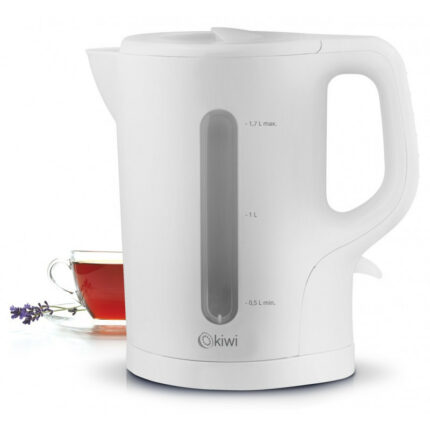 White electric kettle with a tall water level gauge and lid, placed beside a cup of tea with lavender sprig (Kiwi brand).