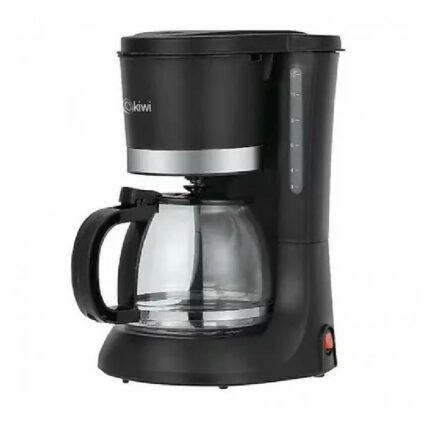 Black drip coffee maker with glass carafe and side water level indicator, compact home appliance.