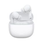 White wireless earbuds in a charging case, open lid, showcasing sleek compact design (AirPods-style).
