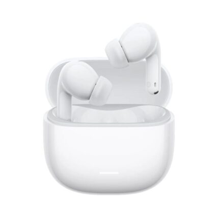 White wireless earbuds in a charging case, open lid, showcasing sleek compact design (AirPods-style).