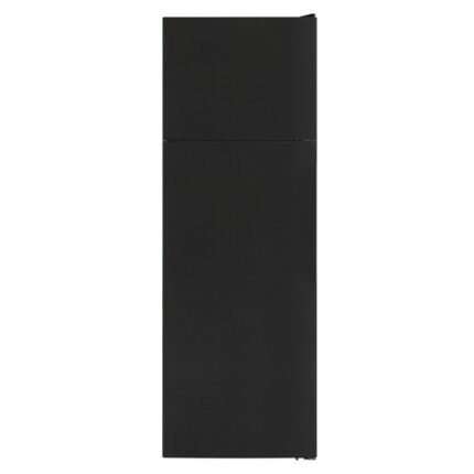 Tall black two-door refrigerator with a separate top freezer, on a white background