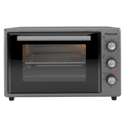 Compact countertop toaster oven with glass door, interior rack, and metal finish on the right-side control panel.