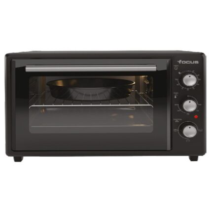 Compact black countertop toaster oven with three control knobs on the right and a metal baking pan inside the oven cavity.