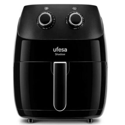 Ufesa Shadow air fryer, black front view with two control dials on top and a central silver handle.
