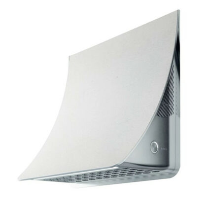 Curved white wall-mounted speaker with a silver base and circular power button