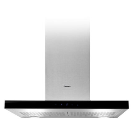 Stainless steel chimney‑style range hood mounted on the wall with a black glass control panel and two LED lights underneath.