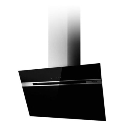 Black angled wall-mounted range hood with a tall stainless steel chimney.