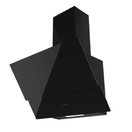 Black wall-mounted range hood with an angular, pyramid-like design for venting cooking fumes