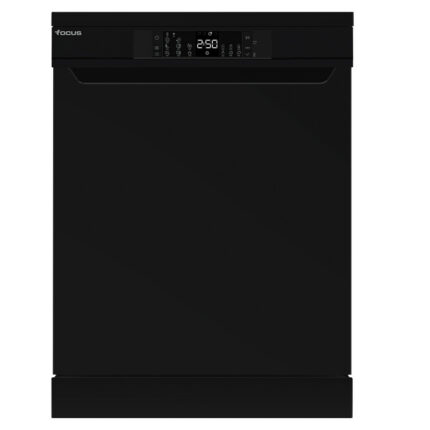 Black front view of a Focus dishwasher with a top control panel and display on the door