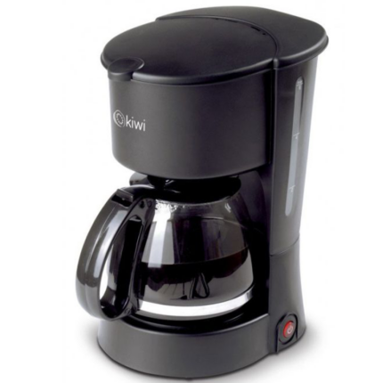 Black drip coffee maker with glass carafe and red power button, unit branded Kiwi on the side