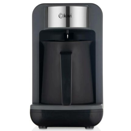 Compact Kiwi coffee maker with a chrome top and dark gray housing, ready to brew a single cup