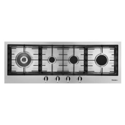 Stainless steel gas cooktop with five burners and five control knobs along the front.