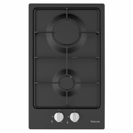 Dark gray gas cooktop with two burners and front control knobs