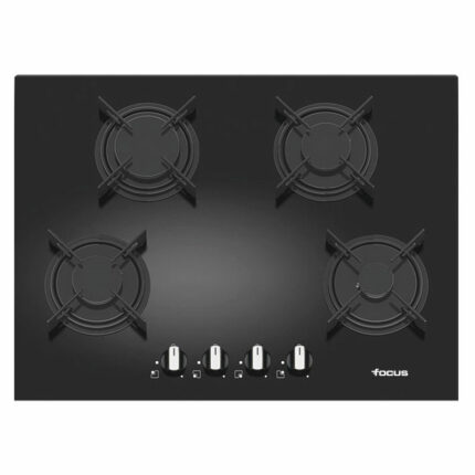 Black glass gas cooktop with four burners, four controls along the front, and a small Focus logo in the bottom-right corner.