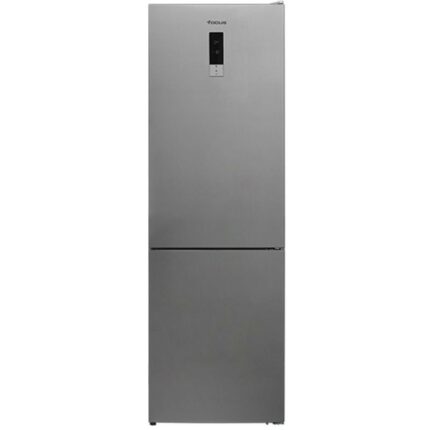 Stainless steel, two-door refrigerator with a bottom freezer and a vertical control panel on the top door.
