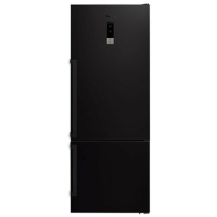 Black 2-door refrigerator with vertical left-side handles and a digital control panel on the top door