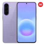 Purple Samsung smartphone shown from back and front, triple-camera setup on the rear and a 5G badge in the corner.