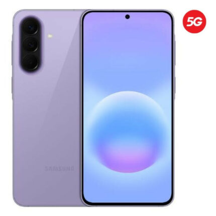 Purple Samsung smartphone shown from back and front, triple-camera setup on the rear and a 5G badge in the corner.