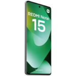 Front view of a Redmi Note 15 smartphone showing a green abstract wallpaper and a centered punch-hole camera at the top edge.