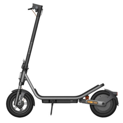 Side view of a black electric scooter with kickstand extended and large wheels