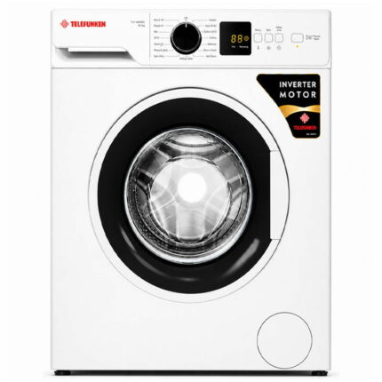White front-loading washing machine with a large circular door and digital control panel at the top left corner.