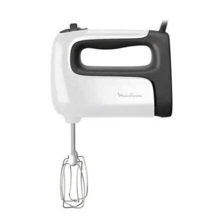 White and gray handheld electric mixer with metal beaters attached, ready for mixing ingredients from the side view.