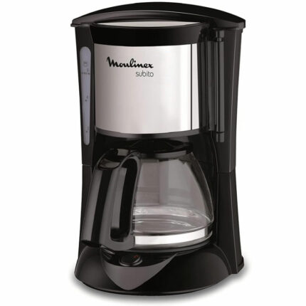 Moulinex Subito drip coffee maker with stainless steel front and glass carafe on a black base
