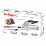 Techwood electric knife box showing a cordless knife with blades and a plate of sliced meat on the front (French and English labeling).