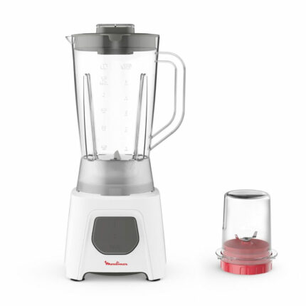 White countertop blender with a tall glass pitcher and a separate small red-chopper attachment beside it, on a white background.