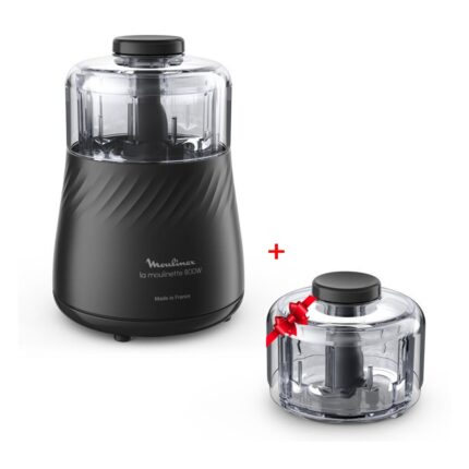 Black electric blender with a clear measuring jar and a textured black base, labeled Moulinex 800W, shown with a small gift jar beside it (gift ribbon).