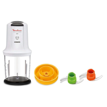 Moulinex 500W compact blender with a clear blending jar and three color‑coded blade attachments laid out (yellow, green, orange).