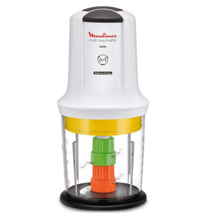 Moulinex 500W compact chopper with white top and clear bowl, showing green and orange blades inside.