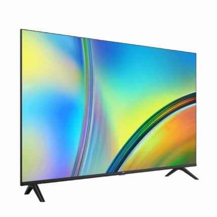Colorful flat-screen TV on a two-leg stand, viewed at an angle.