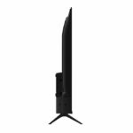 Side view of a black flat-panel monitor on a stand (profile shot).