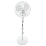 White pedestal fan with a circular mesh guard and three blades on a stand against a white background.